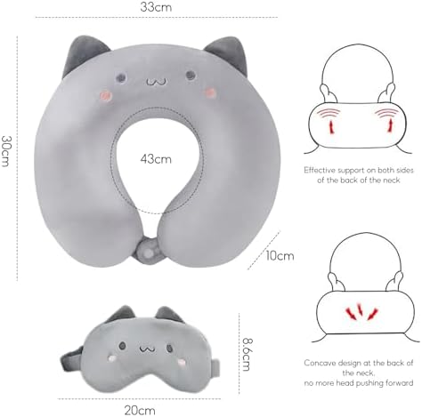 Cute Animal Airplane pillow, Memory Foam Neck Support Pillows, Travel Pillow Kids Travel Pillow Cute Cartoon Plane Pillow for Travel Soft Memory Foam Neck Pillow(Grey Cat) - Image 2