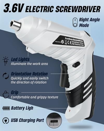 50 Piece Electric Screwdrivers Cordless, 1300mAh Cordless Screwdriver Rechargeable, 3.6V Rotatable 90 Degrees Electric Screwdriver Set for Home DIY, Gift for Man Father's Day, White - Image 3