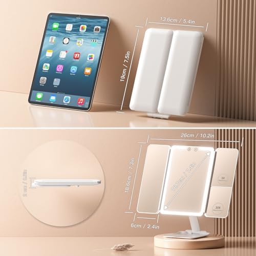 Travel Lighted Makeup Mirror with 48 LED lights, 1X/5X/10X Magnifying Tri-fold Table Mirror, Stepless Dimming and Touch Control, Portable USB Rechargeable Cosmetic Vanity Mirror - Image 4