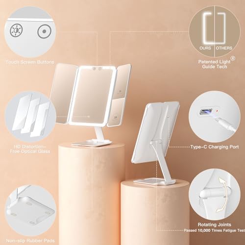 Travel Lighted Makeup Mirror with 48 LED lights, 1X/5X/10X Magnifying Tri-fold Table Mirror, Stepless Dimming and Touch Control, Portable USB Rechargeable Cosmetic Vanity Mirror - Image 5