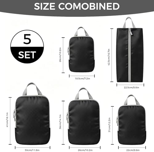 Compression Packing Cubes for Suitcases, Ultralight 5 Set Packing Cubes for Backpack Waterproof Travel cubes Suitcase Organizer Bags Set for Luggage Travel Essentials (Black) - Image 2