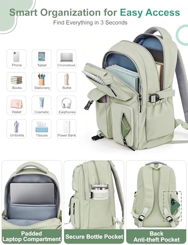 FIORETTO Lightweight School Backpack Womens, Cute School Bag for Teenager Girls, 15.6 Laptop Rucksack Backpack for School Casual Daypacks Travel Backpack for College Work Green 25L - Image 4