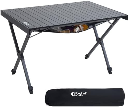 PORTAL Large Camping Table Folding 108x71cm Height Adjustable Picnic Table Foldable All Aluminum Roll Up Top Collapsible Outdoor Desk Lightweight Garden Table Load 100KG for Caravan BBQ Dining Beach