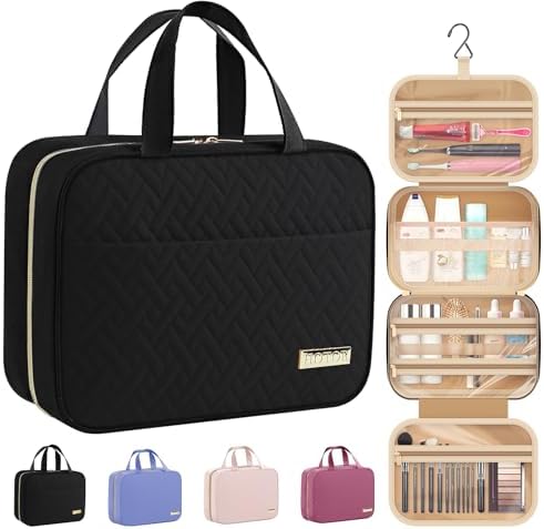 HOTOR Travel Toiletry Bag - Toiletry Bags for Women with Hanging Hook - Spacious Travel Bags for Women/Big Comparment, Makeup Bag Waterproof Travel Essentials, Black, 28.4 x 22.6 x 8.1 cm