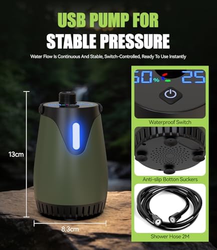 Portable Shower 8000mAh – IPX8 Waterproof Camping Shower with 4 Spray Modes,5 water flow settings, LED Display, USB-C Rechargeable – Outdoor Shower for Camping, Dog Washing, Caravan, Travel - Image 7