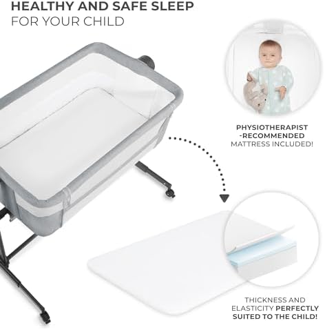 Kinderkraft Neste UP 2 Bedside Crib, Travel Cot, Co-Sleeping Bed, Ajustable Height, Foldable Side Wall, Transport Wheels, with Accessories, Cotton Sheet, for Newborn, 0-9 kg, up to 6 Month, Gray - Image 4