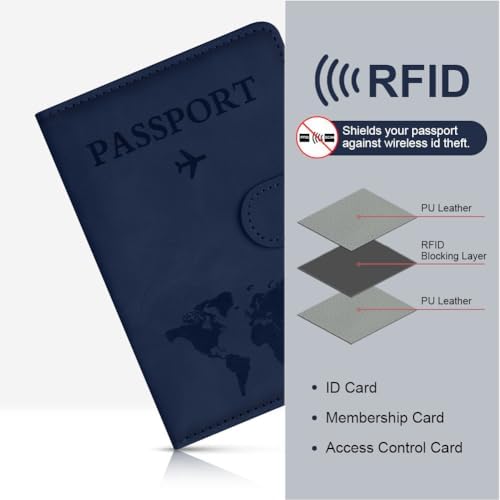 OFFCUP Passport Holder Cover, PU Leather Passport Cover and Luggage Tag Set with RFID Blocking Travel Wallet, Universal Travel Wallet Case Organiser for Money, Boarding Passes, Credit Cards Dark Blue - Image 5