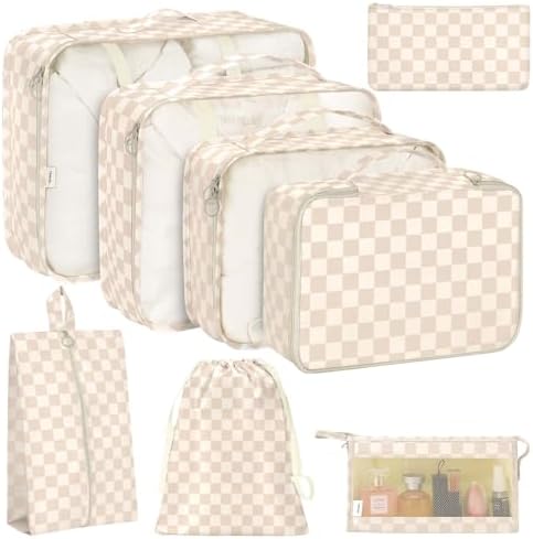 KPX 8 Set Packing Cubes for Travel, Luggage Packing Organizers Accessories Large Toiletries Bag for Clothes Shoes Cosmetics, Two-tone Khaki