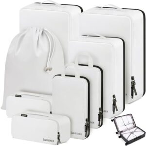 Compression Packing Cubes, Lumesner 8 Set Travel Essentials Packing Cubes for Carry on Suitcases, Compression Suitcase Organizers Bag Set & Travel Cubes (8-piece, White)
