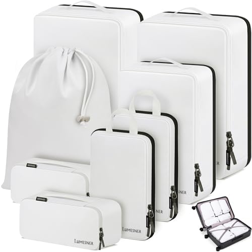 Compression Packing Cubes, Lumesner 8 Set Travel Essentials Packing Cubes for Carry on Suitcases, Compression Suitcase Organizers Bag Set & Travel Cubes (8-piece, White)