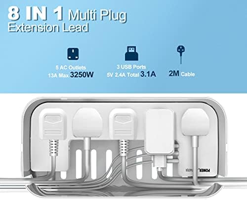 Extension Lead with USB Slots Cable Tidy Box, FDTEK 5 Way Plug Extension with 3 USB Ports and Cable Management Box, UK Power Strip with 2M Cord Overload Protection Switch for Home Office… - Image 2