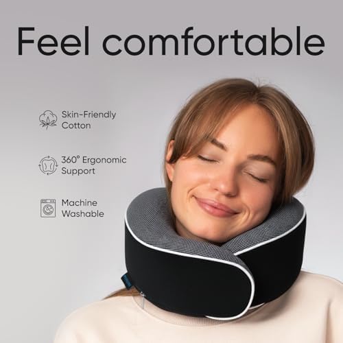 Proglobe Travel Pillow, Memory Foam Neck Pillow Set, Orthopedic Pillow, Travel Essentials for Flying, Kit with 3D Contoured Sleep Mask and Luxury Mesh Bag (Black) - Image 2