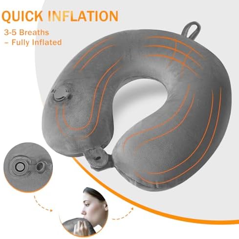 Inflatable Neck Pillow for Travel, Blow up Travel Pillow, Compact Travel Neck Pillows for Adults with Eye Mask and Earplugs, Lightweight Travel Pillow for Airplane, Trains and Office, Grey - Image 3