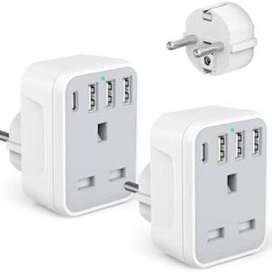 2 Pcak European to UK Plug Adaptor with 4 USB Ports(1 USB C), UK to EU Euro European Plug Adapter Grounded for Germany Spain France Iceland Greece Poland Netherlands Austria Turkey, etc (Type E/F)