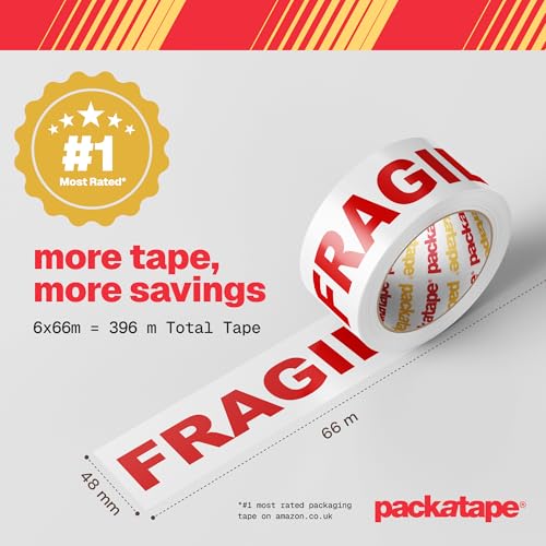 Packatape Fragile Packing Tape for Parcels and Boxes - Heavy Duty Fragile Packaging Tape Provides a Strong, Secure and Sticky Seal for your Boxes, 12 Rolls Per Pack, 48MM x 66M - Image 2