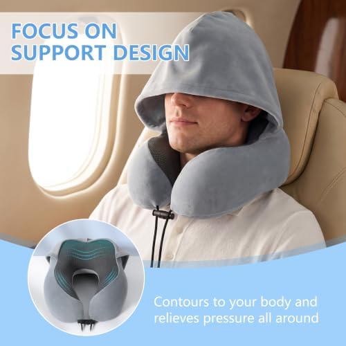 SULIVES Travel Pillow for Airplane, Memory Foam Neck Pillow with Hood, 360° Neck Support for Flights, Train and Car Travel, Soft Breathable Fabric, Compact Travel Set - Image 4