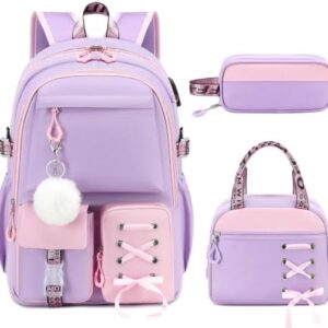 3PCS School Bags for Girls, 3-in-1 Kids Backpack Set with Lunch Pouch & Pencil Case, Water-Resistant Girls Rucksack Book Bag for Primary Secondary School, Purple-Pink