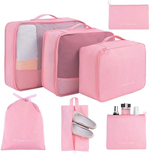Packing Cubes for Suitcases 7 Set, Luggage Packing Organizers with Shoe Bag and Toiletry Bag (Pink)