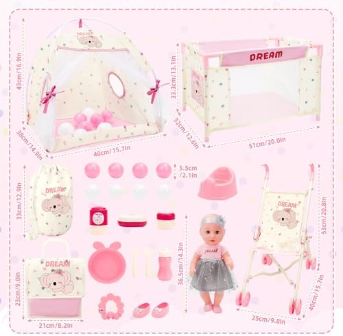 deAO Baby Doll Stroller Playset for Kids Baby Doll Accessories with 14" Doll, Cot and Pram, Play Tent, Feeding Set, Storage Travel Bag and Balls, Pretend Play Nursery Set for Girls Toddlers - Image 6