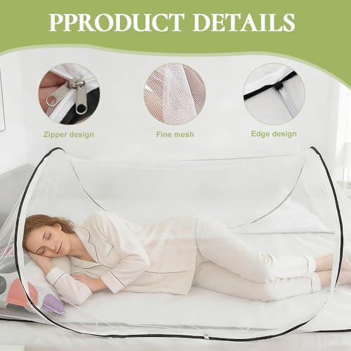 Foldable Mosquito Net, Ultra Light Pop up Mosquito Net, Portable Portable Camping Tent with Zip, Easy & Fast Installation, Travel Mosquitonet for Home Outdoor Camping (White) - Image 3