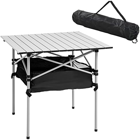 Outsunny 70cm Aluminum Roll-Top Table w/Mesh Bag Camping Outdoor Dining Foldable w/Steel Frame Picnic Lightweight Hiking Furniture Desk, Silver
