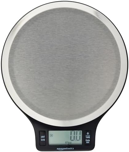 Amazon Basics Digital kitchen scales with LCD display (with batteries), Black and Stainless Steel, BPA free, Weighs up to 11 pounds
