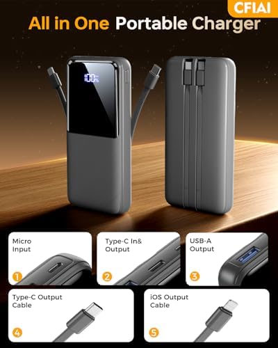 Power Bank Fast Charging 15000mAh, Portable Charger with 2 Built-in Cables & 3 Ports, Powerbank with LED Display, Battery Pack Compatible with iPhone 16 15 14 13 Android and more, Dark Gray - Image 2