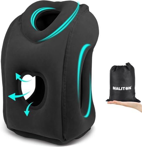 Maliton Inflatable Travel Pillow for Airplane (Black) | Comfortable Sleeping to Relieve Neck Shoulder Pain, Support Head for Long Flights, Used for Airplanes, Cars, Trains, Office