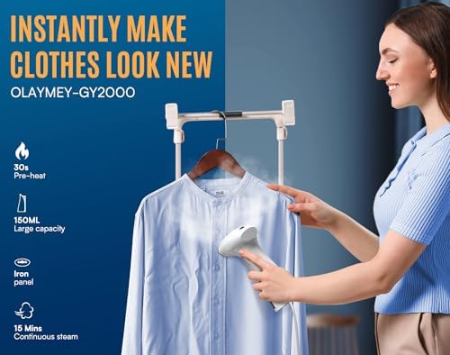 OLAYMEY Clothes Steamer 1600W, Handheld Steamer Clothing 25g Jet Steam Rate for Home Travel, Portable Garment Steamer Iron Removes Wrinkle and Odours with Detachable Water Tank-GY2000 - Image 2