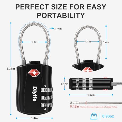 Diyife TSA Approved Luggage Locks with Flexible Steel Cable, Easy to Set up | 3-Digit Combination Suitcase Locks, Small Padlocks with Code for Travel, Bag, Backpack, Zinc Alloy Body (Black, 2 Pack) - Image 6