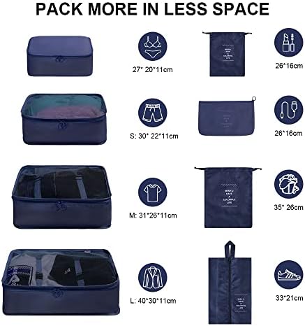 OSDUE Packing Cubes for Suitcase, 8 PCS Travel Organiser Packing Bags Lightweight Waterproof Luggage Packing Organizers for Clothes Shoes, Travel Accessories, Navy Blue - Image 2