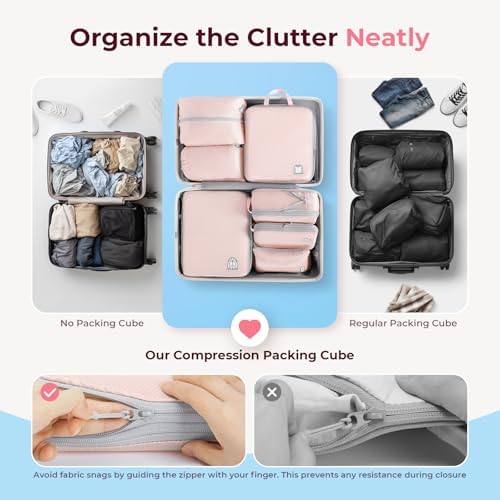 Samfolk Compression Packing Cubes for Suitcases Packing Cubes Compression Set Waterproof Suitcase Organiser Bags for Travel Suitcase Luggage Packing Organizer Bags Travel Essentials Pink 8 Set - Image 6