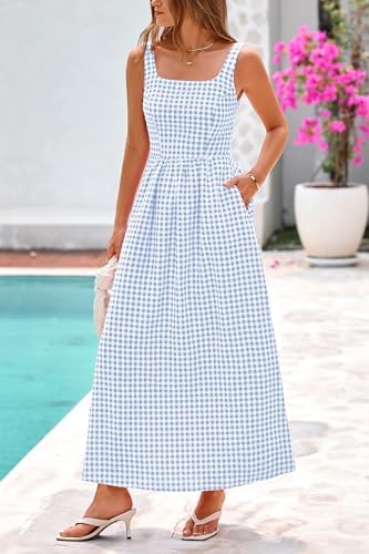 PRETTYGARDEN Women's 2025 Summer Spaghetti Strap Maxi Dresses Plaid Square Neck A Line Casual Beach Vacation Long Sundress - Image 4