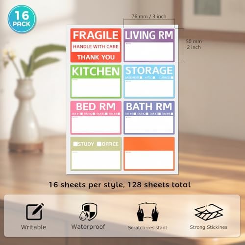 Home Moving Labels Vinyl 8 Color Coded Packing Box Stickers with Fragile and Blank Customizable Writable Notes Areas Tag 76.2 × 50.8 mm for House Wardrobe Furniture Apartment 128 PCS - Image 7