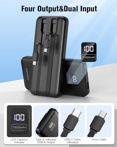 AsperX 2-Pack 10000mAh Power Bank Fast Charging, Portable Charger with Built in Cables USB C Input and Output, Battery Pack LED Display Compatible with iPhone, Samsung, iPad, Tablets, Android, etc. - Image 2
