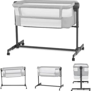 Kinderkraft Neste UP 2 Bedside Crib, Travel Cot, Co-Sleeping Bed, Ajustable Height, Foldable Side Wall, Transport Wheels, with Accessories, Cotton Sheet, for Newborn, 0-9 kg, up to 6 Month, Gray
