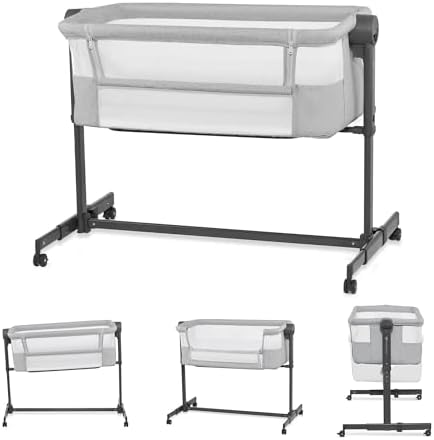 Kinderkraft Neste UP 2 Bedside Crib, Travel Cot, Co-Sleeping Bed, Ajustable Height, Foldable Side Wall, Transport Wheels, with Accessories, Cotton Sheet, for Newborn, 0-9 kg, up to 6 Month, Gray