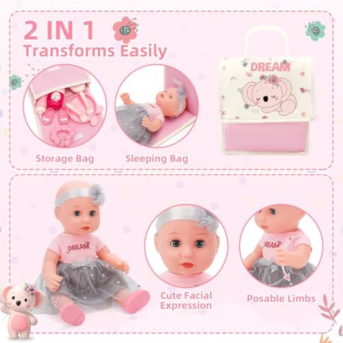 deAO Baby Doll Stroller Playset for Kids Baby Doll Accessories with 14" Doll, Cot and Pram, Play Tent, Feeding Set, Storage Travel Bag and Balls, Pretend Play Nursery Set for Girls Toddlers - Image 5