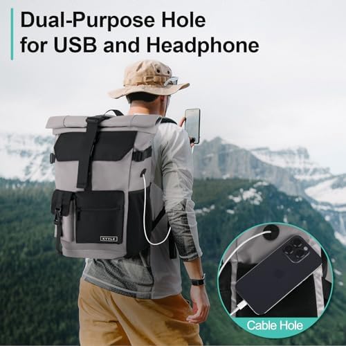 28 L Roll Top Backpack Mens, Large Waterproof Rucksack Womens, School Bag with Laptop Compartment 17 inch, Waterproof Backpack for Travelling Rucksack for University bag Business Sports, Grey - Image 5
