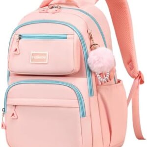 School Bag for Girls, Modern Contrast Color Kids Backpack for Primary High School Students, Fashion Bookbag Aged 6-12 with Furry Pom Pom