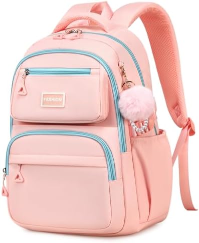 School Bag for Girls, Modern Contrast Color Kids Backpack for Primary High School Students, Fashion Bookbag Aged 6-12 with Furry Pom Pom