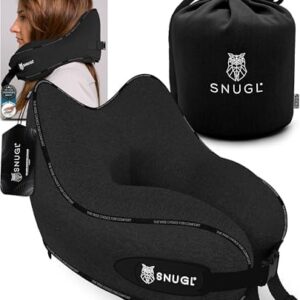 SNUGL Travel Pillow - Neck Pillow Memory Foam, Travel Neck Pillows for Adults, Ideal for Camping, Airplane & Gaming - Travelling Essentials - Gifts for Travellers (Black - Adult Regular)