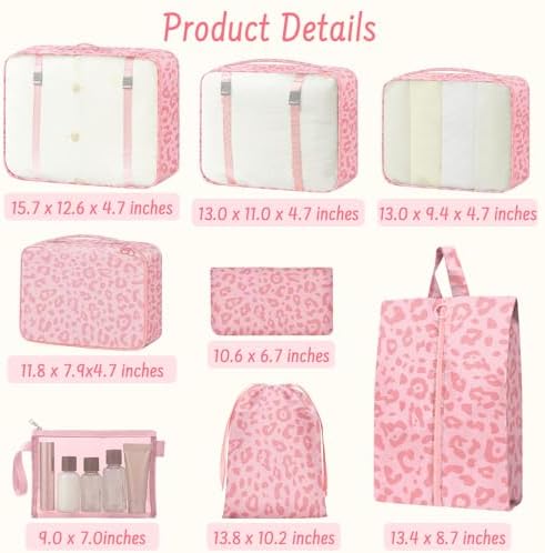 MOFELON 8PCS Packing Cubes for Suitcase, Travel Luggage Organisers for Backpack, Waterproof Suitcase Organiser Bags, Travel Essentials Accessories - Pink leopard print - Image 2