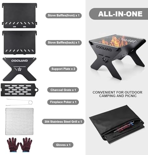 Odoland Camping Fire Pit, Portable Fire Pit for Camping, 2 in 1 Wood Burning Fire pit Grill with Detachable Cooking Grate for Outdoor BBQ, with Carry Bag - Image 2