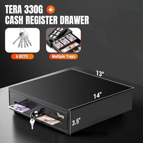 Tera 13" Cash Register Drawer Auto Open 33.5x30x10.4cm with 3 Bill 8 Coin Cash Tray 6 Keys Removable Coin Compartment Key-Lock 12V RJ12 Interface Media Slot for System Shop Business 330G - Image 2