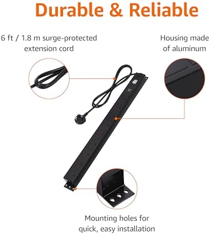 Amazon Basics Heavy-Duty 9-Way Metal Power Strip with Surge Protection, Safety Shutters, Socket Strip Extension, 1.8m Cable, Wall Mountable, 600J, Black - Image 2