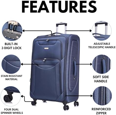 FLYMAX 24" Medium Super Lightweight 4 Wheel Suitcase Luggage Expandable with Wheels Navy - Image 3