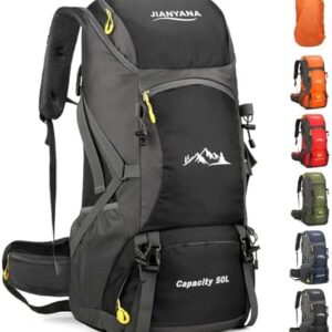 jianyana Hiking Backpack Waterproof 50L Foldable Rucksack Durable Lightweight Camping Bag with Rain Cover for Camping Trekking Hiking Walking Cycling Climbing Outdoor Sports for Women Men