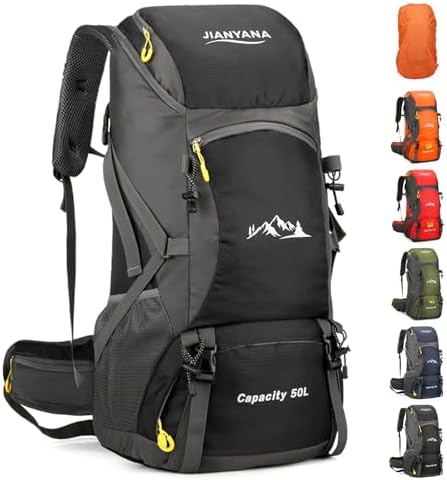 jianyana Hiking Backpack Waterproof 50L Foldable Rucksack Durable Lightweight Camping Bag with Rain Cover for Camping Trekking Hiking Walking Cycling Climbing Outdoor Sports for Women Men