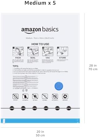 Amazon Basics Vacuum Compression Zipper Storage Bags with Airtight Valve and Hand Pump, Medium, 5-Pack, Clear - Image 6